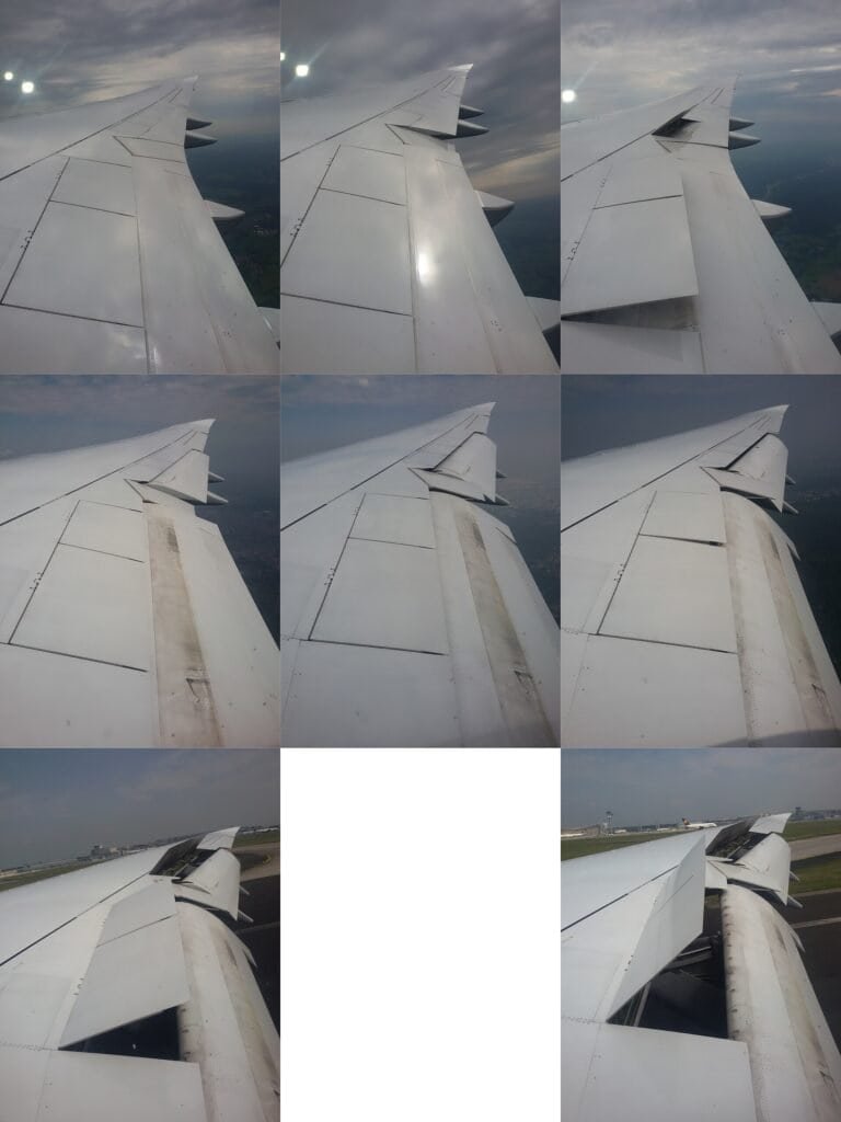 Superfícies de controle na parte traseira da asa de um Boeing 747-8