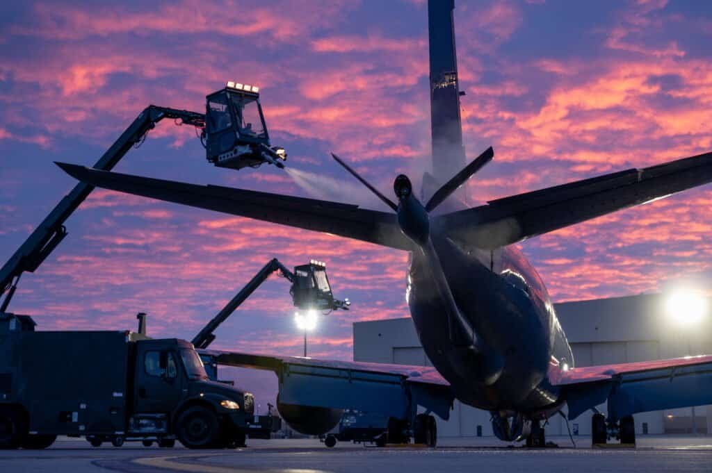 Equipe de solo realizando degelo de uma aeronave com camião de de-icing